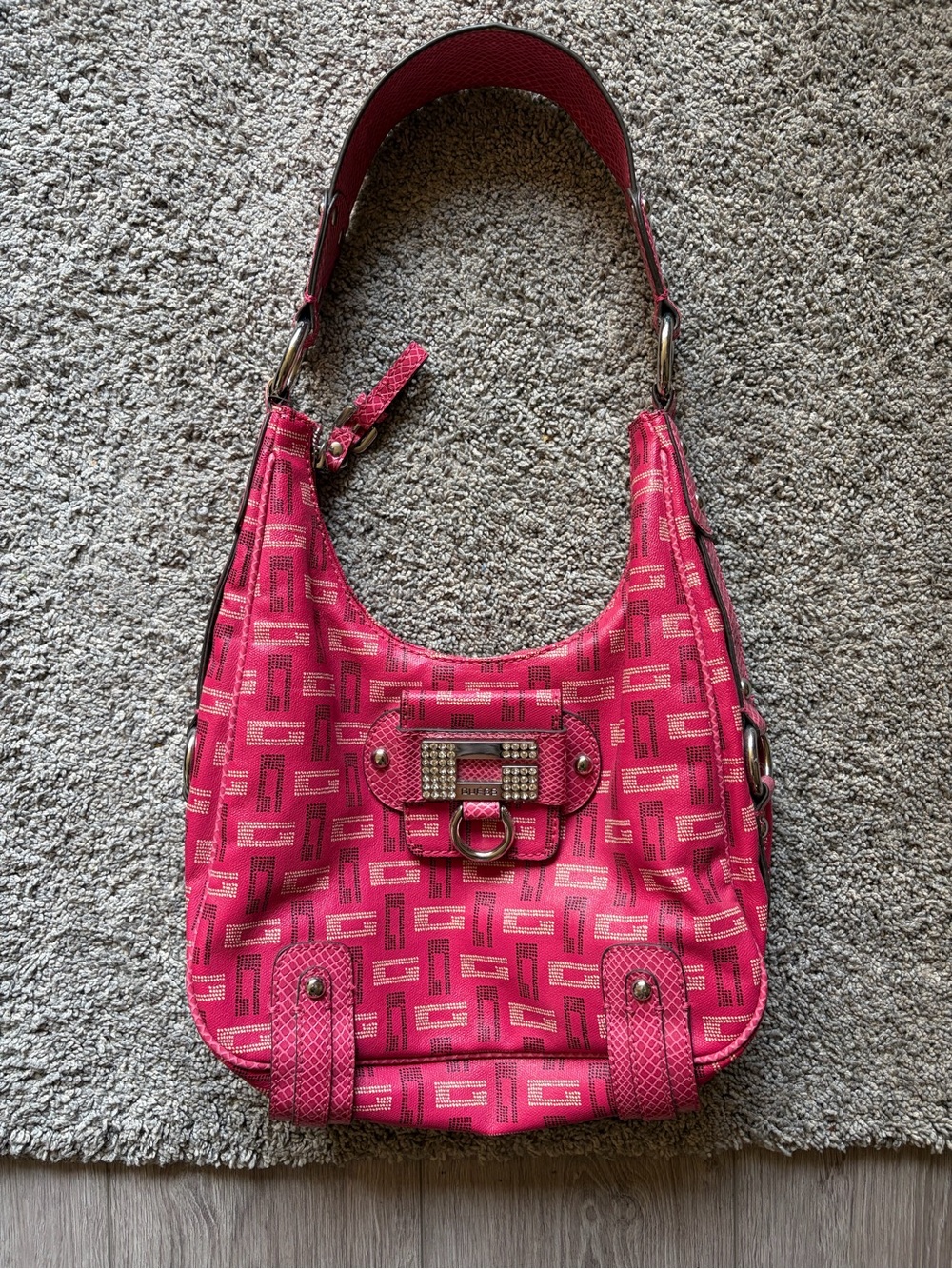 GUESS Hot Pink Logo-Print Shoulder Bag with Studded Hardware